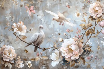 Wall Mural - Floral mural wallpaper with a simple background. Modern home decor art using flowers, herbs, birds, and mountains.