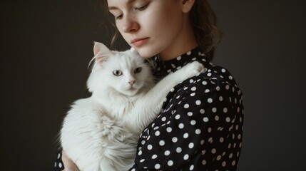 Wall Mural - A woman holds a white cat in her arms, a heartwarming moment between human and animal