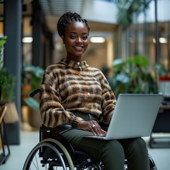 Wall Mural - Woman in wheelchair using laptop.