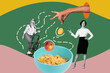 © deagreez - Creative collage young businesswoman lady hand body fragment meal nutrition cereals lunch snack apple fruit taste showing gesture finger