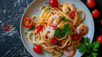 Wall Mural - Delicious shrimp pasta with cherry tomatoes and fresh herbs served on a white plate, perfect for a gourmet Italian meal.