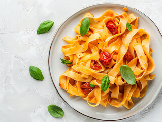 Wall Mural - A plate of pasta with tomato sauce and basil. The plate is on a table with a bowl of salt and pepper shakers