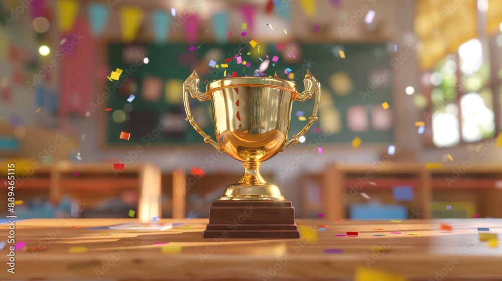 Golden trophy in a classroom with confetti flying. Stock Illustration ...