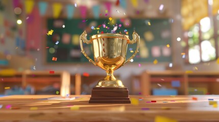 golden trophy in a classroom with confetti flying.