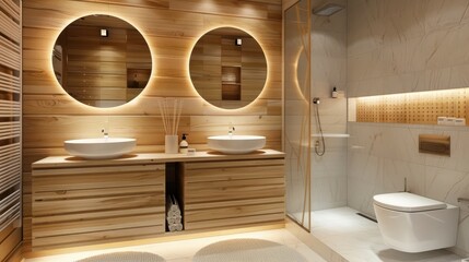 A bathroom with two sinks, a toilet, and a shower. The bathroom is well-lit and has a modern design