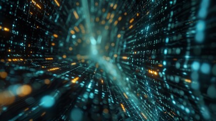 Leinwandbilder - A digital tunnel with a glowing blue and orange light pattern moving quickly toward the viewer.
