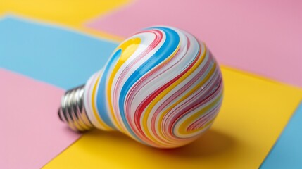 Wall Mural - A light bulb painted with colorful swirls lies on a pastel background of pink, yellow, and blue