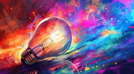 Wall Mural - A light bulb with a bright filament glows amidst an abstract background of vibrant, swirling colors