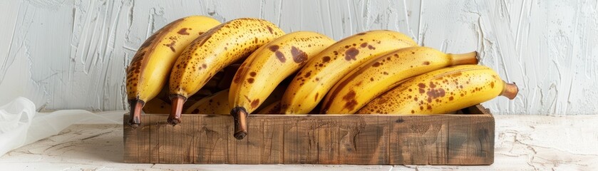 Canvas Print - A wooden box with bananas in it. The bananas are yellow and have brown spots. Scene is warm and inviting