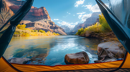 Breathtaking view of a serene mountain lake and canyon landscape from inside a tent, perfect for adventure and relaxation