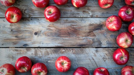 Canvas Print - Fresh red apples on wooden table with space for text viewed from above