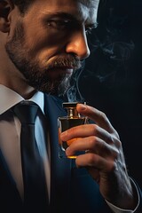 Handsome man in suit using perfume on dark background