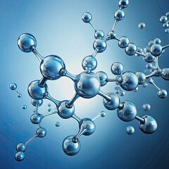 Serene minimalist image featuring flowing water bubbles suspended within a light blue gradient background, highlighting the molecular structure of a single water molecule.