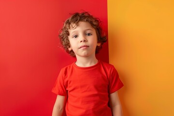 Little boy in t-shirt on color background