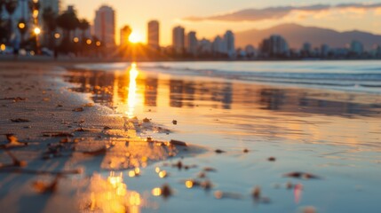 Sticker - A stunning sunset view at a beach, with the city skyline in the background, the golden light reflecting off the water and creating a beautiful contrast between nature and urban life.