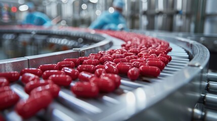 red pill production and packaging in a pharmaceutical factory