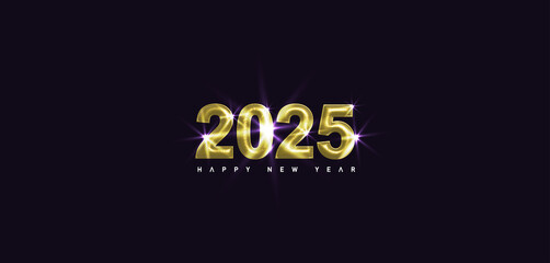 Shiny gold Happy New Year 2025 numerals contrasted against a black Background