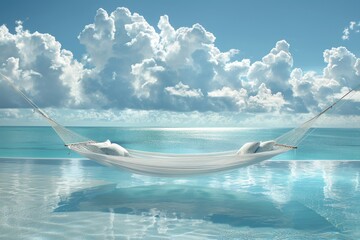 Sticker - Hammock over clear turquoise waters under a bright blue sky offering a serene and peaceful escape in a tropical paradise perfect for relaxation