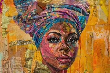 Wall Mural - vibrant mixedmedia portrait of an african woman wearing an elaborate turban bold brushstrokes collage elements and metallic accents create a powerful celebration of culture and identity