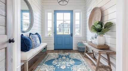 Wall Mural - A blue and white living room with a blue door and a blue dresser