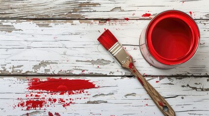 Sticker - Red paint can with paint brush on white wooden surface with space for text