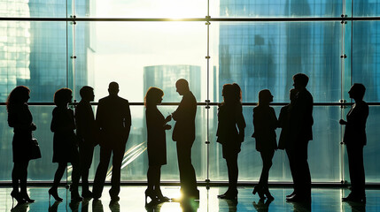 Wall Mural - management team networking and discussing during a break, social and professional, upper third copy 