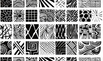 Wall Mural - Handdrawn intricate patterns showcase diverse motifs and styles in black and white