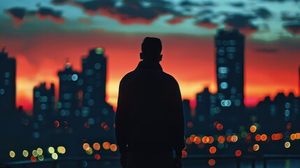 Wall Mural - A man is standing on a rooftop looking out over a city at night. The sky is filled with clouds and the sun is setting, creating a beautiful and serene atmosphere. The city below is lit up with lights