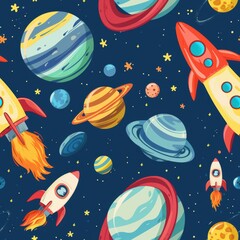 Wall Mural - whimsical cartoon planets and rockets dancing in outer space illustration