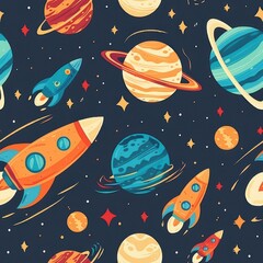Wall Mural - whimsical cartoon planets and rockets in colorful outer space adventure