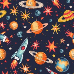 Wall Mural - fun cartoon planets and rockets in colorful outer space adventure