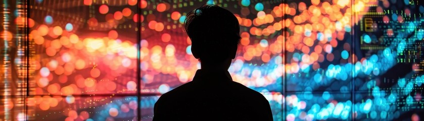 Wall Mural - A man is standing on a rooftop looking out over a city at night. The sky is filled with clouds and the sun is setting, creating a beautiful and serene atmosphere. The city below is lit up with lights