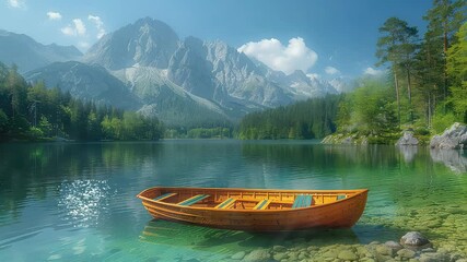 Wall Mural - animation peaceful boat ride on a mountain lake generated with ai