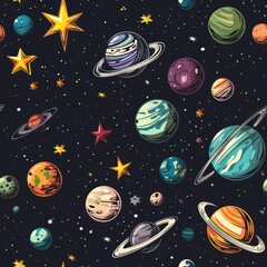 Wall Mural - Colorful Cartoon-Style Stars and Planets in Outer Space with Bright Contrast and Playful Designs