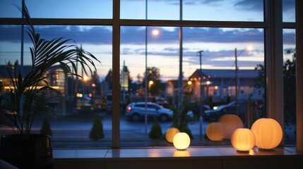 Wall Mural - A large window overlooking a city at sunset. The sky is a mix of orange and purple hues, and the city lights are visible in the distance. The scene is peaceful and serene