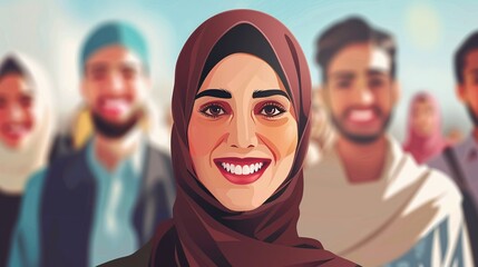 Wall Mural - A Muslim woman in a hijab with a happy face stands and smiles with a confident smile against the background of other people