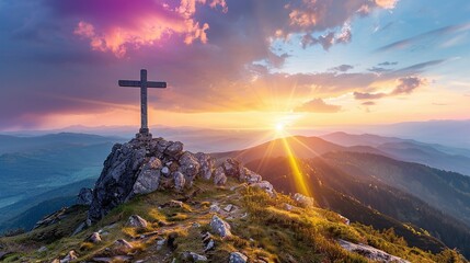 Silhouette of a cross on top of a hill above the clouds. Concept of faith and Christianity in banner format.