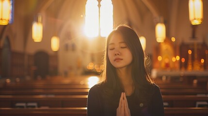 Wall Mural - Thank you to God for great is your love. Young woman praying to God in church. Faith in religion and belief in God. Power of hope or love and devotion.