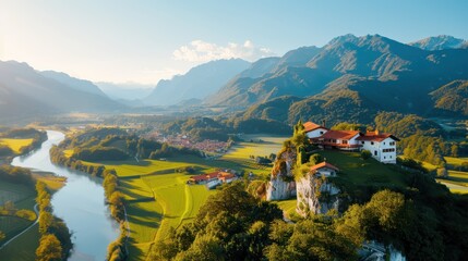 Wall Mural - A scenic view showcasing a serene riverside village surrounded by lush green fields and hills, with a majestic building perched on a rocky elevation.