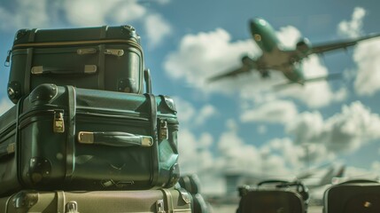 A stack of luggage is on the ground next to an airplane. The luggage is green and black, and the airplane is flying in the sky. Concept of travel and adventure