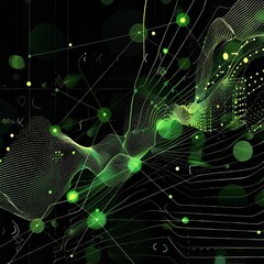 Poster - Glowing green circuit board with flowing energy waves