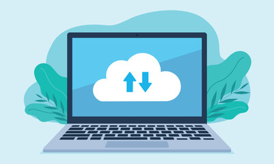 Poster - The cloud icon with the recording and download arrow is located on the laptop screen. Colorful vector graphics in flat design style.
