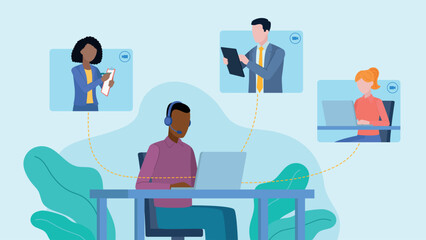 An employee sits at a desk, works on a laptop and conducts a video conference with colleagues. The three characters are located in the application tiles. Vector graphics in flat style.