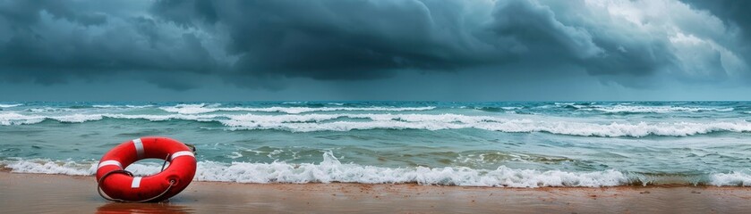 Wall Mural - A red life preserver sits on the beach next to the ocean. The sky is cloudy and the water is choppy