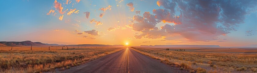 Canvas Print - A road with a sunset in the background. The sky is filled with clouds and the sun is shining brightly