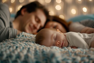 A peaceful scene of a young baby sleeping between parents, captured in a cozy bedroom setting.