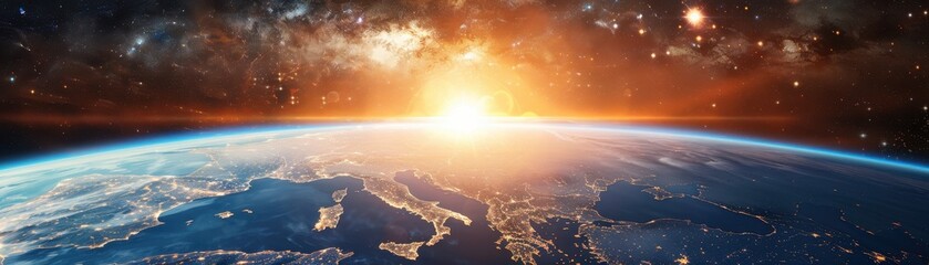 Wall Mural - A beautiful image of the sun rising over the earth. The sky is filled with clouds and the sun is shining brightly