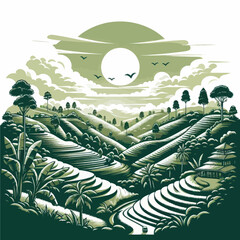 Wall Mural -  vector of landscape with rolling hill and trees  mountains and clouds