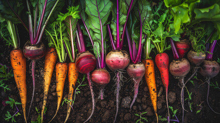 Freshly harvested root vegetables including carrots and beetroots arranged in a row on soil, showcasing vibrant colors and organic produce.