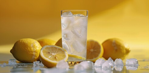 Wall Mural - Refreshing Lemonade With Lemons and Ice Cubes on a Yellow Background